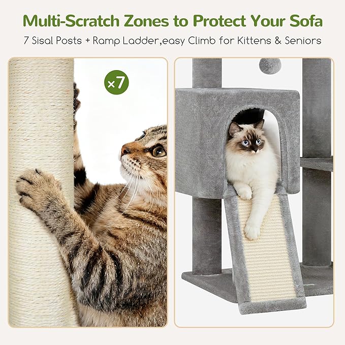 Globlazer 82" Extra Large Cat Tree for Big Cats, Heavy Duty Cat Tree for Multi-Cat Household, Maine Coon Cat Tree with 3 Condos, 2 Hammocks, 3 Perches & Scratching Board, S82D, Light Grey