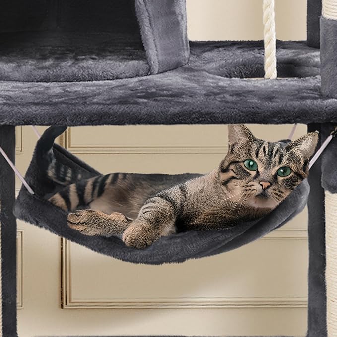 Topeakmart 62.2 inches Cat Tree with Double Condos, Scratching Posts & Hammock, Kitty Activity Tree Center Kitten Play House, Dark Gray
