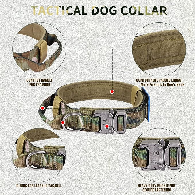 Tactical Dog Collar and Bungee Leash, Camo Military Dog Collar & Leash Set with USA American Flag Adjustable K9 Collar with Heavy Duty Metal Buckle & Handle,with Patches and Airtags Case (XL, Camo)