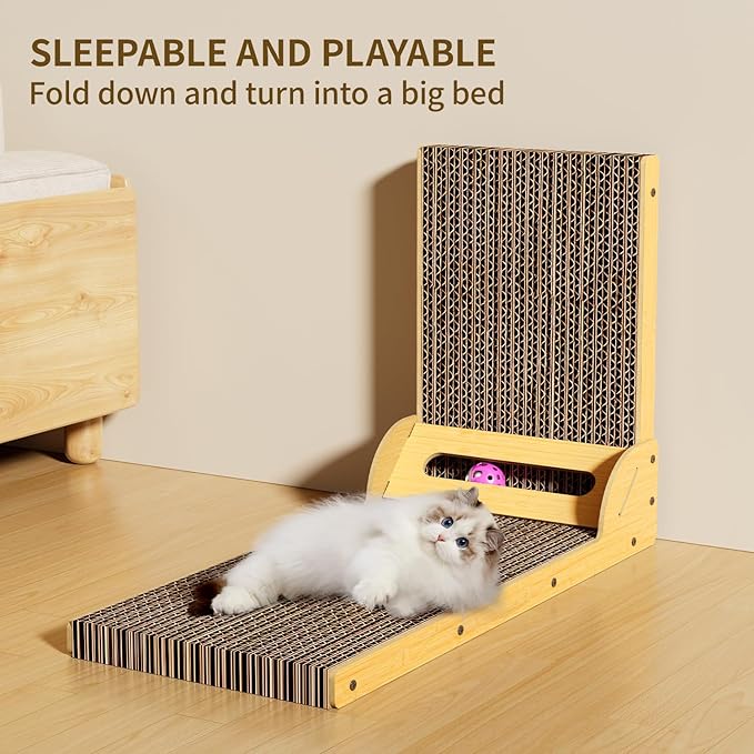 L-Shaped Cat Scratcher for Indoor Cats – Durable Cardboard Scratching Pad with Ball Toy & Catnip, Furniture Protector Cat Scratcher Lounge, Large Cat Scratch Board (Natural Design)