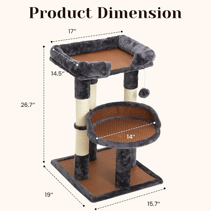 Multi-Level Cat Tree for Indoor Adult Cats, Modern Cat Tower with Double Beds & Scratching Posts, Cute Cat Tree Tower for Large Cats and Kitten, Small Cat Tree Tower with Hanging Toys, Grey