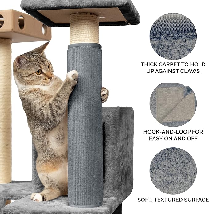Furhaven Wrap Around Scratching Post Cover for Indoor Cats, Fits Posts Up to 3.5" Diameter, Durable & Less Mess - Tiger Tough Carpet Scratch Mat - Gray, Large