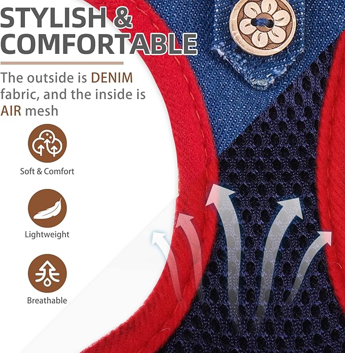 PUPTECK Dog Harness and Leash Set for Small Medium Dogs No Pull Step-in Soft Mesh Puppy Cat Vest Harnesses Reflective at Night, Denim NavyBlue M