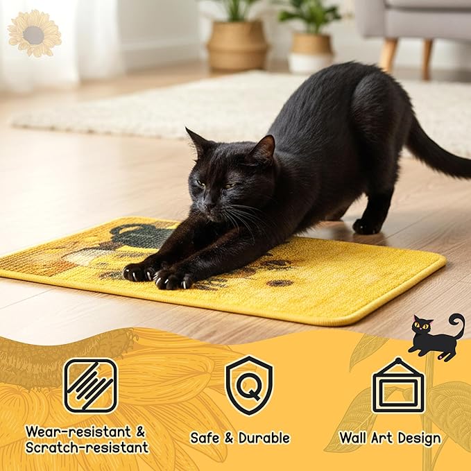 Sisal Cat Scratching Pad - Shedding-Resistant Wall Scratcher Mat for Indoor Cat, Kitten Art Print Sunflower Scratching Mats for Carpet Couch Furniture with Adhesive Hook Loop Tape(24*16in)
