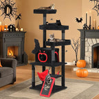 YITAHOME Gothic Cat Tree with Coffin Bed, 63" Tall Cat Tower for Indoor Cats with Top Perch, Spacious Cat Condos, Spider Hanging Balls,Comfy Hammock, Scratching Post and Ladder, Black Halloween