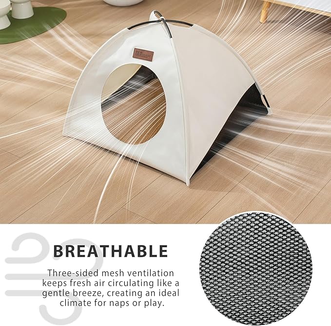 Waterproof Cat House with Removable Cushion for All Seasons, Portable Pyramid Cat Cave Bed for Cats & Small Dogs, No Assembly Folding Pet Tent,15.7x15.7x13.8, White