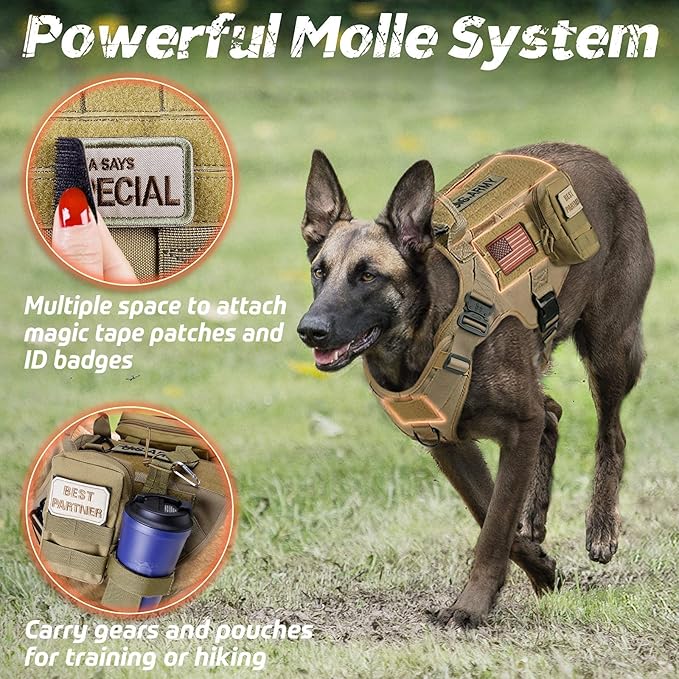 rabbitgoo Tactical Dog Harness for Large, Heavy Duty Pet Harness with Handle, No-Pull Service Vest Large Breed, Adjustable Military Dog Vest for Training Hunting Walking, Brown, L