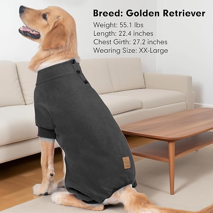 cyeollo Dog Pajamas Large Sized Dog, Fleece Dogs Pjs Thermal Doggie Onesie Soft Stretchy Doggie Sweater Pet Jammies Clothes for Large Dogs Female & Male, Dark Grey 2XL