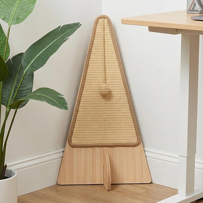 26" Triangle Corner Cat Scratcher, Solid Wood Leaning Wall Scratching Board, Baseboard Friendly, Replaceable Sisal Pads for Indoor Cats and Small Spaces, 2 Replacement Pads Included