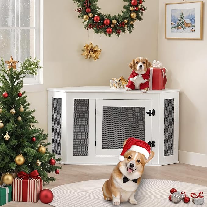 Corner Dog Crate Furniture, Wooden Dog Kennel End Table, Decorative Pet Crate Indoor Use, Furniture Style Dog House for Small Medium Dog, Dog Cage TV Stand, White and Black DCWT0801