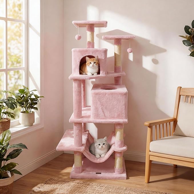 PETSITE 57-inch Modern Cat Tree, Multi-Level Cat Tower with 2 Comfy Condos, Sisal Scratching Posts, Plush Top Perch, Snug Hammock, and Dangling Balls, Ideal for Indoor Cats and Kittens (Pink)