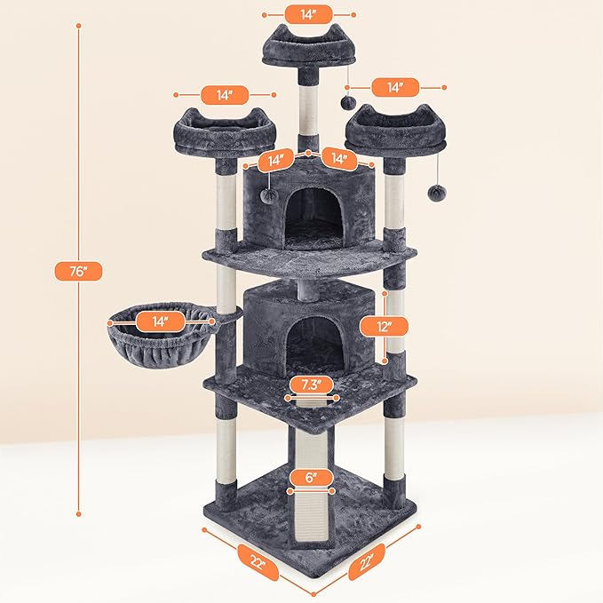 Topeakmart Cat Tree 76inch, Large Cat Tower with Condo Scratching Post for Inoor Cats Play Rest