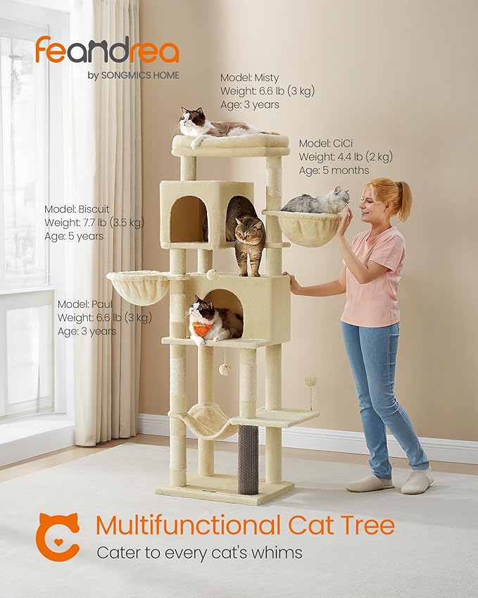 Feandrea Cat Tree, 69-Inch Tall Cat Tower, Multi-Level Plush Condo with 2 Caves, 2 Baskets, 5 Scratching Posts, Self-Groomer, Perch, Hammock, Sand Beige UPCT182Y01