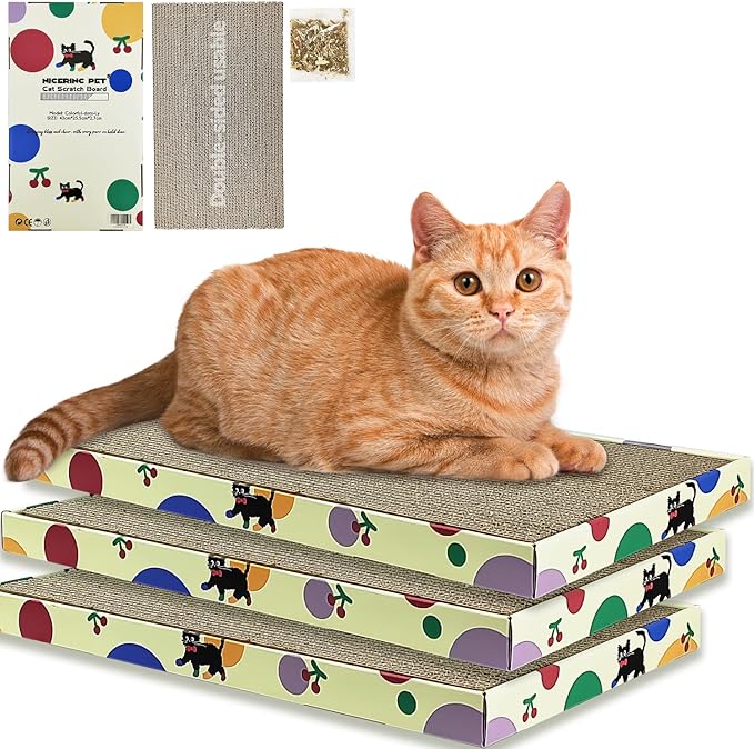 Cat Scratching Boards, 3 Pack Cat Scratch Pad With Box, Double-Sided Reversable Long Lasting Corrugate Scratchers, Refillable Scratch Pad, Cardboard Cat Scratcher for Small Medium Cat Kitten (17”x10”)