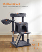 Feandrea Cat Tree, 37.8-Inch Cat Tower, Multi-Level Condo with Widened Perch, Scratching Posts and Ramp, 2-Door Cave, Hammock, Smoky Gray UPCT51G