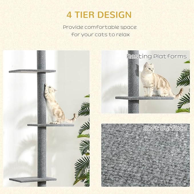 Floor-to-Ceiling 3-Tier Natural Cat Tree Sisal-Covered Scratching Posts Grey Color Multi-Functional Activity Center for Kittens