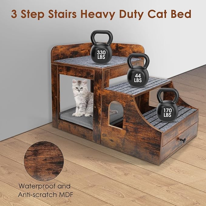 Pet Bunk Bed for Cats, Multi-Level Pet Window Perch Seat Platform with Removable Stairs and Mats for Cats and Dogs, Pet Bed Couch with Drawers for Bedside, Home, Indoor Use, Brown