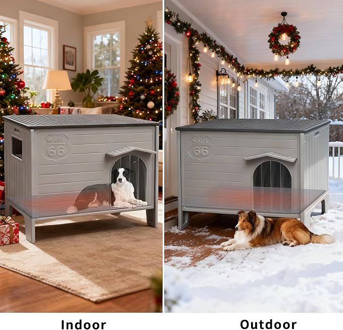 Large Dog House Outdoor with Dog Mat Weatherpoof Plastic Dogs Houses Indoor Waterproof Stray/Pet Dog Shelter Outside for Large and Medium Dogs