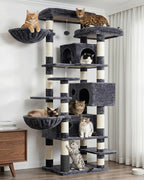Hey-brother Cat Tree, 74 inches Multi-Level XL Large Cat Tower for Indoor Cats with Three Cat Condos, Two Large Top Decks and Cat Hairbrushfor Kittens, Cats and Pets, Smoky Gray MPJ035-MG