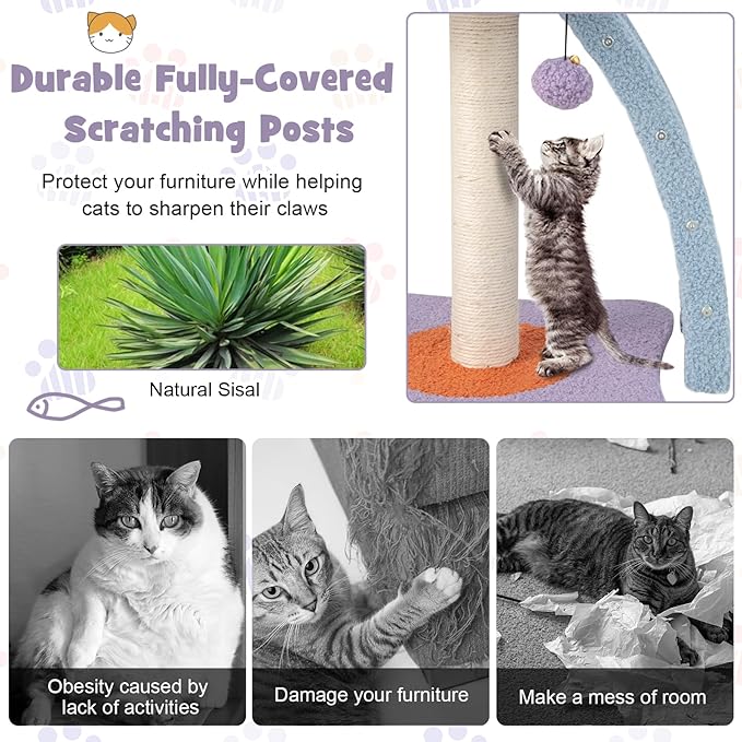 PETSITE Small Cute Cat Tree, 19 Inches Modern Cat Tower for Indoor Cats with Top Perch, Scratching Post, Ladder, Blue Purple