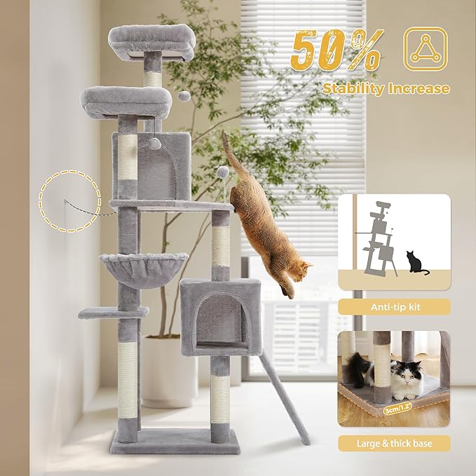 64-Inch Large Cat Tree for Indoor Cats, Multi-Level Tall Cat Tower with 2 Soft Top Perches, 2 Caves, 5 Sisal Scratching Posts, 2-in-1 Scratching Ramp, 1 Hammock & 3 Pompoms, Grey