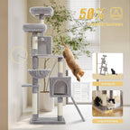 64-Inch Large Cat Tree for Indoor Cats, Multi-Level Tall Cat Tower with 2 Soft Top Perches, 2 Caves, 5 Sisal Scratching Posts, 2-in-1 Scratching Ramp, 1 Hammock & 3 Pompoms, Grey