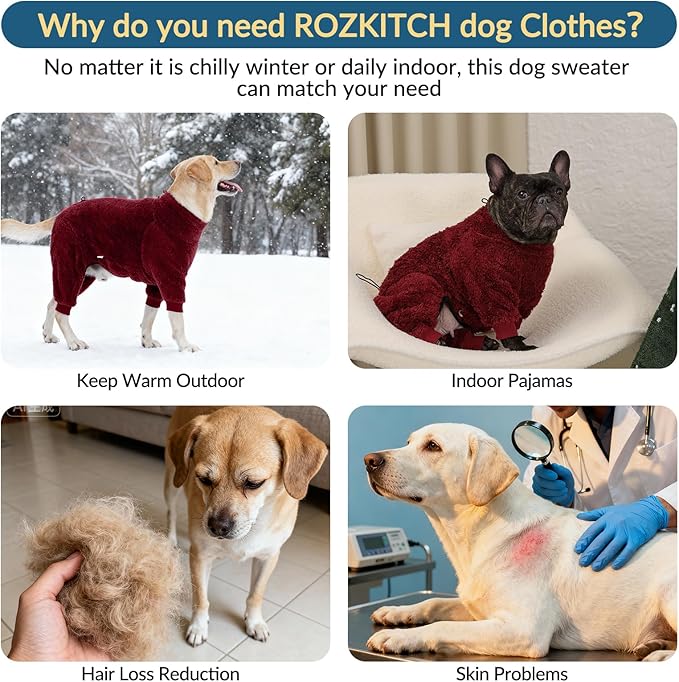 ROZKITCH Dog Pyjamas, Lightweight PJS with Four Legs, Full Coverage Sweater Clothing and Loungewear with Adjustable Drawstrings Suitable for Medium to Large Breeds of Dogs Indoor Sleeping Red L