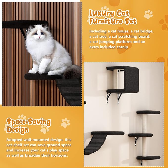 5 Pcs Wall-Mounted Climber Set, Wood Indoor with Shelves and Perches, Ladder, Condo House, Scratching Board and Tree, Wall Shelves Furniture for Cats (Black)