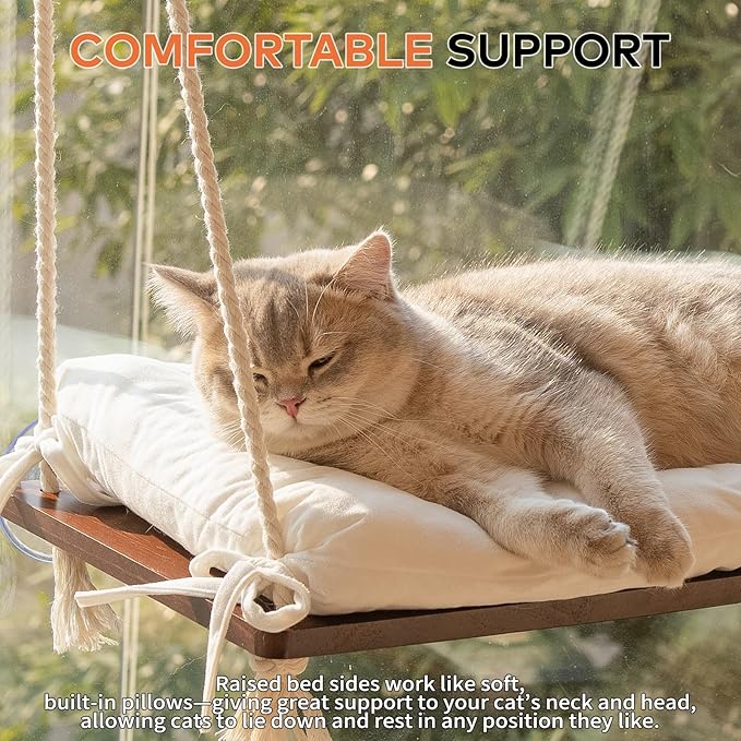 CHEERPALS Cat Window Perch for Indoor Cats, Wooden Cat Bed for Window with Washable Cushion, Hanging Kitty Hammock Suitable for Small-to-Large Cats