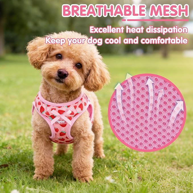 PUPTECK Dog Harness for Puppy and Small Sized Dogs, Step-in No Pull Soft Mesh Vest Harness for Cats Small Pets Walking, Pink Strawberry, New XS