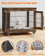Dog Crate Furniture with Cushion, Wooden Dog Kennel Indoor with Double Doors, Dog Cage with Wheels, Dog House Side End Table for Small Dogs up to 30 lb, 27.2" L, Rustic Brown