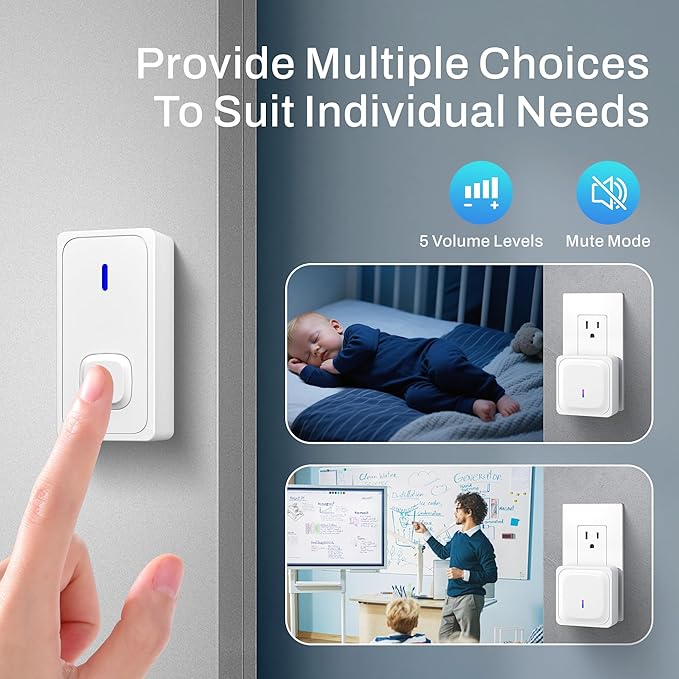 BN-LINK Wireless Doorbell, Waterproof Door Bell Easy Installation, 1000Ft Range, Adjustable Volume& 58 Chimes, LED Flash, Perfect for Homes, Offices, Classroom, Apartments (White)