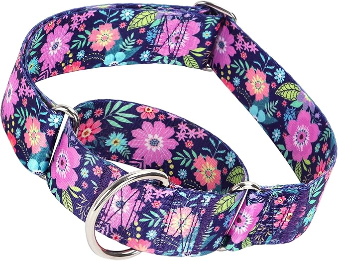Martingale Dog Collar 1.5 Inch Wide - Bohemian Floral Print Adjustable Nylon No-Pull Training Collar for Medium/Large/XL Dogs, Heavy Duty Design for Walking, Hunting & Outdoor Activities (M)
