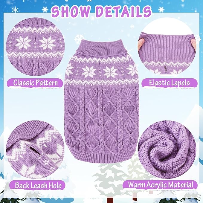 Warm Winter Pink Dog Sweater - Cold Weather Pet Clothes for Small Medium Large Dogs Indoor Outdoor, Soft Classic Knit Puppy Apparel Coat, Purple, XS