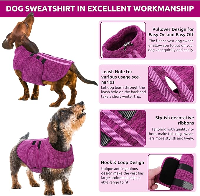 Queenmore XXS Dog Sweaters, Soft Fleece Vest Pullover Dog Jacket with Leash Hole, Warm Winter Dogs Clothes Cold Weather Doggy Dachshund Sweater for Small Dogs Cats Boy or Girl (Cationic Berry, XXS)