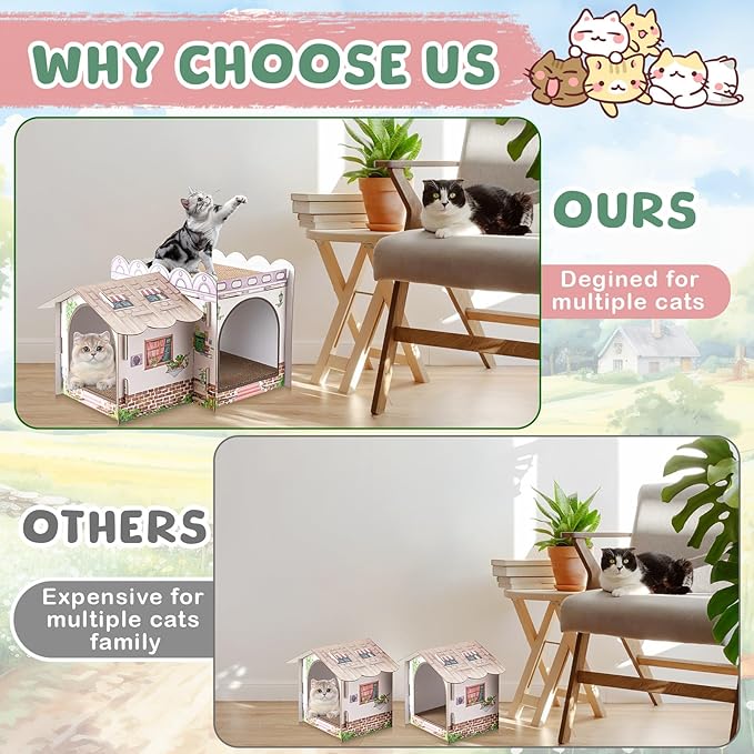 2 Story Cardboard Cat House with Scratcher Pad for Small Kitten,17x12x10 Multi Level Durable Cat Condo & Villa for Bunny Rabbit Small Animals Christmas Birthday Gift(17x12x10,Cottage)