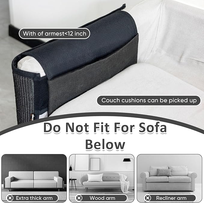 NATUYA Cat Scratch Furniture Couch Protector - Large Sisal Cat Scratching Pad Sofa Corner Arm Shield, Cat Scratcher for Sofa (Black, Right)
