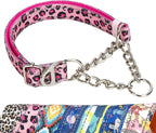 Reflective Martingale Collar with Chain，Pink Leopard Choker Collar for Dogs No Pull Dog Collar for Medium Large XL Dogs(Pink M)