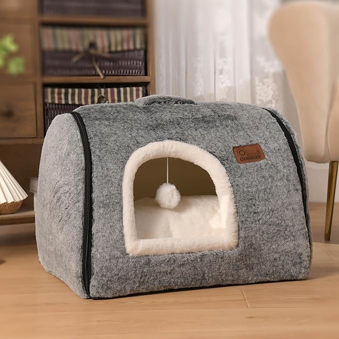 cat Bed cave-cat beds for Indoor Cats,Soft and Comfortable Cute cat House,with Removable Washable Cushioned Pillow,Enclosed pet Bed,Kitty cat hut、Hideaway,Small Large Dog Tent (Dark Grey)