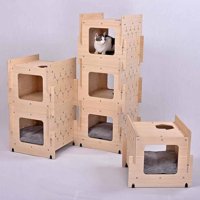 Wooden Cat Condo with Cushion, Cat Bed, Natural Wood Cat Tower with Scratching Post, Multi-Level Cat Tree House for Cats (CB-001-D)