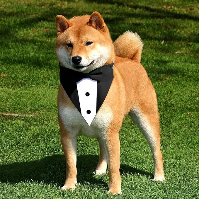 Dog Tuxedo Suit, Bandana Collar with Bow Tie, Doggy Prince Bow Tie Shirt Formal Pet Wedding Attire, Dog Outfits for Large Dogs, Dogs Adjustable Bows Ties for Wedding Birthday Valentines (L, Black)