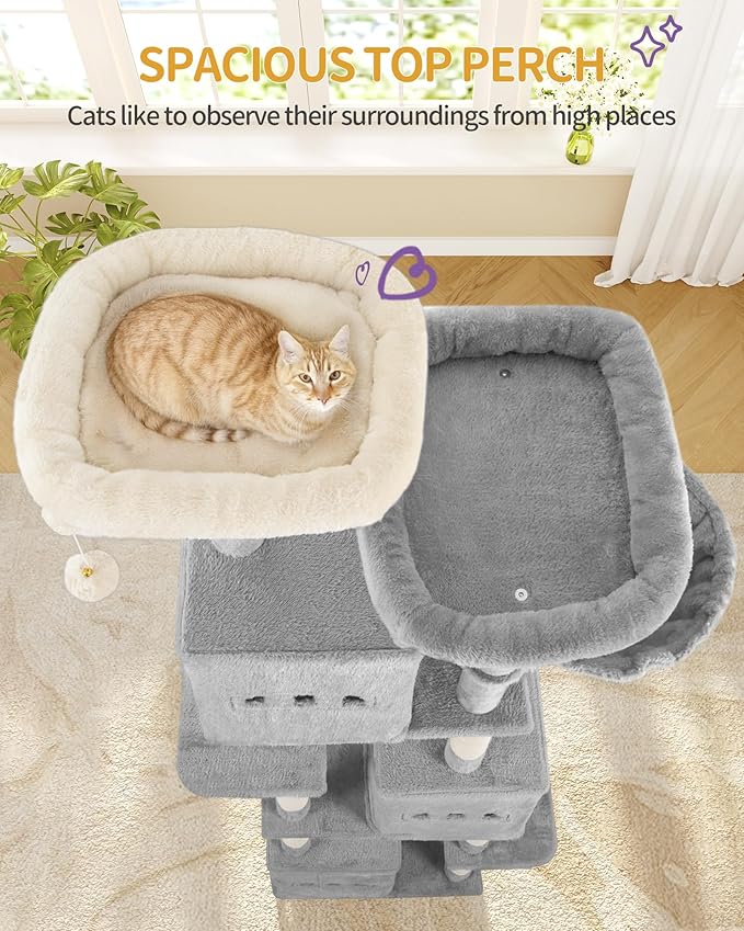 76" Cat Tree, Large Cat Tower for Indoor Cats, Multi-Level Cats House Furniture with 2 Platforms, 3 Condos, 7 Scratching Posts, 1 Basket, 3 Caves, Pompoms, Light Grey MS19218LG