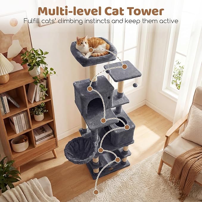 DORTALA Cat Tree for Indoor Cats, 66" Tall Cat Tower with 2 Condos, Sisal Scratching Posts, Plush Perch, Hammock, Dangling Balls, Multi-Level Pet Climbing Furniture Activity Center (Dark Gray)
