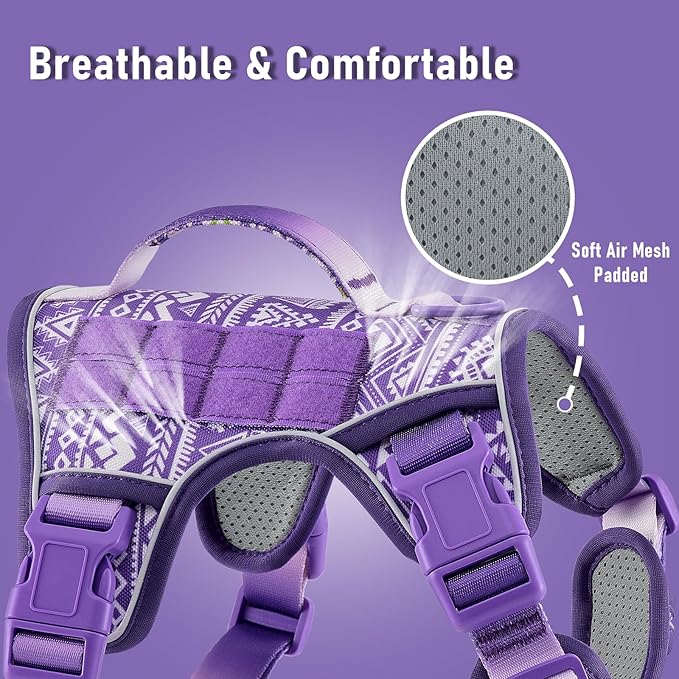 Tactical Dog Harness for Large Dogs No Pull Easy Walking Adjustable Pet Harness Reflective K9 Working Training Easy Control Pet Vest Military Service Dog Harnesses Purple Ethnic L