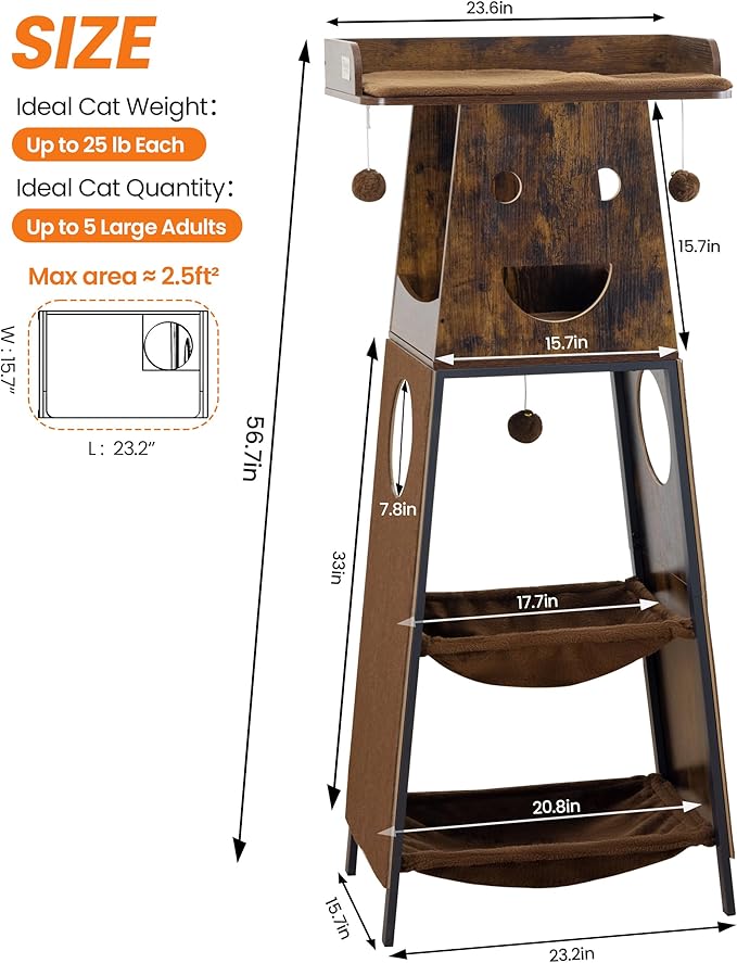 Modern Wood Cat Tree for Indoor Large Cats, 56 Inch Tall Cat Tower with Perch Bed, Multi-Level Trees with 2 Hammock, Cat Condo, Scratching Board, Removable Pads, Cat Furniture, Rustic Brown