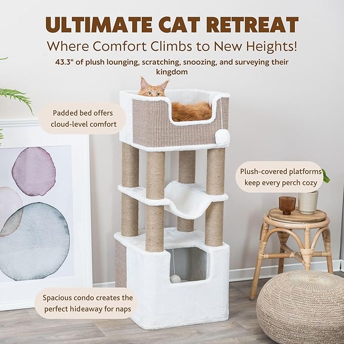TRIXIE Lucano XXL Cat Tree, 43.3 -in Cat Tower with 8 Jute Scratching Posts, Hammock & Plush & Sisal Covered Condo, Sturdy Base, Interactive Pom-Poms, Indoor Furniture for Climbing & Relaxation, Brown