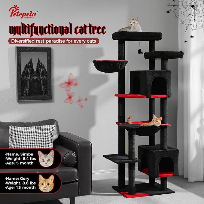 PETEPELA Cat Tree, 69-Inch Gothic Cat Tower for Indoor Large Cats with Super Large Hammock, Tall Cat Climbing Tree Tower with Scratching Posts, Cozy Condo House and Top Perch, Black