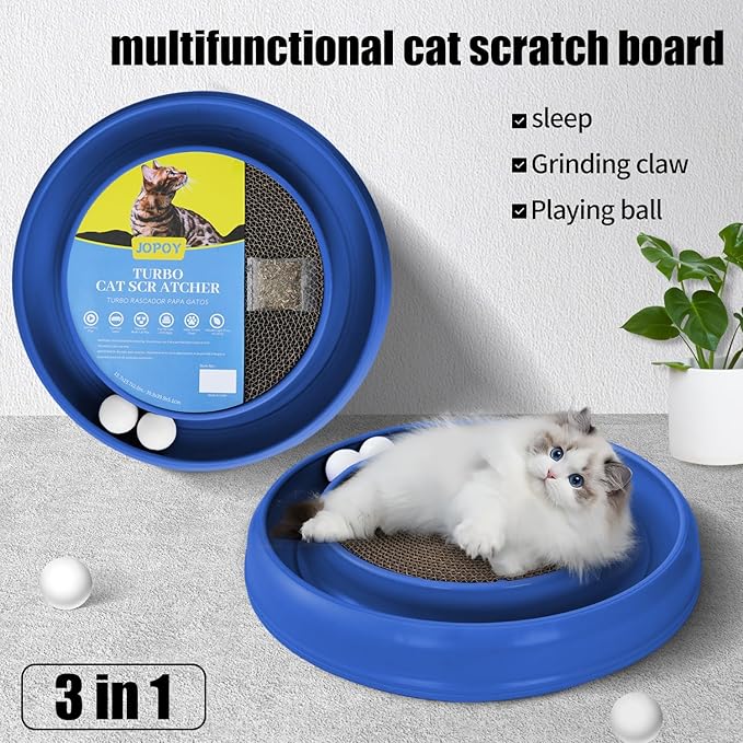 Cat Scratcher Toy Ball Track for Indoor Cats,Round Interactive Scratching Board Exercise Set for Bored Indoor Adult and Kitten Mental & Physical Stimulation (Blue)