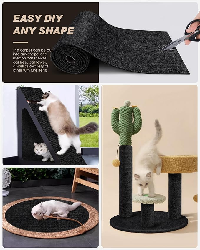Cat Scratch Furniture Protector, Trimmable Self-Adhesive Carpet, DIY Climb Cat Scratcher Mat for Covering Cat Tower and Couch Protector from Cat Claws (78.7x15.8in Black)