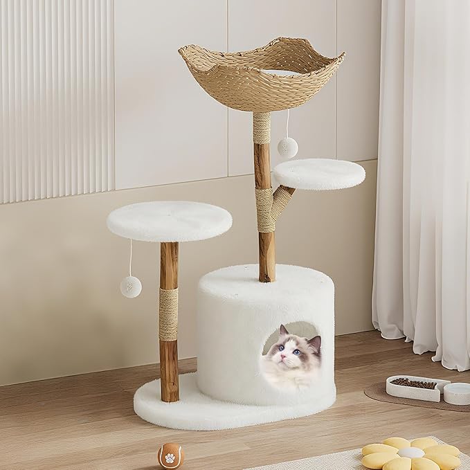 Premium Solid Wood Cat Tree Tower with Sisal Scratching Posts Multi-Level Cat Climber with Plush Condo for Indoor Cats, Modern Scandinavian Design Pet Furniture